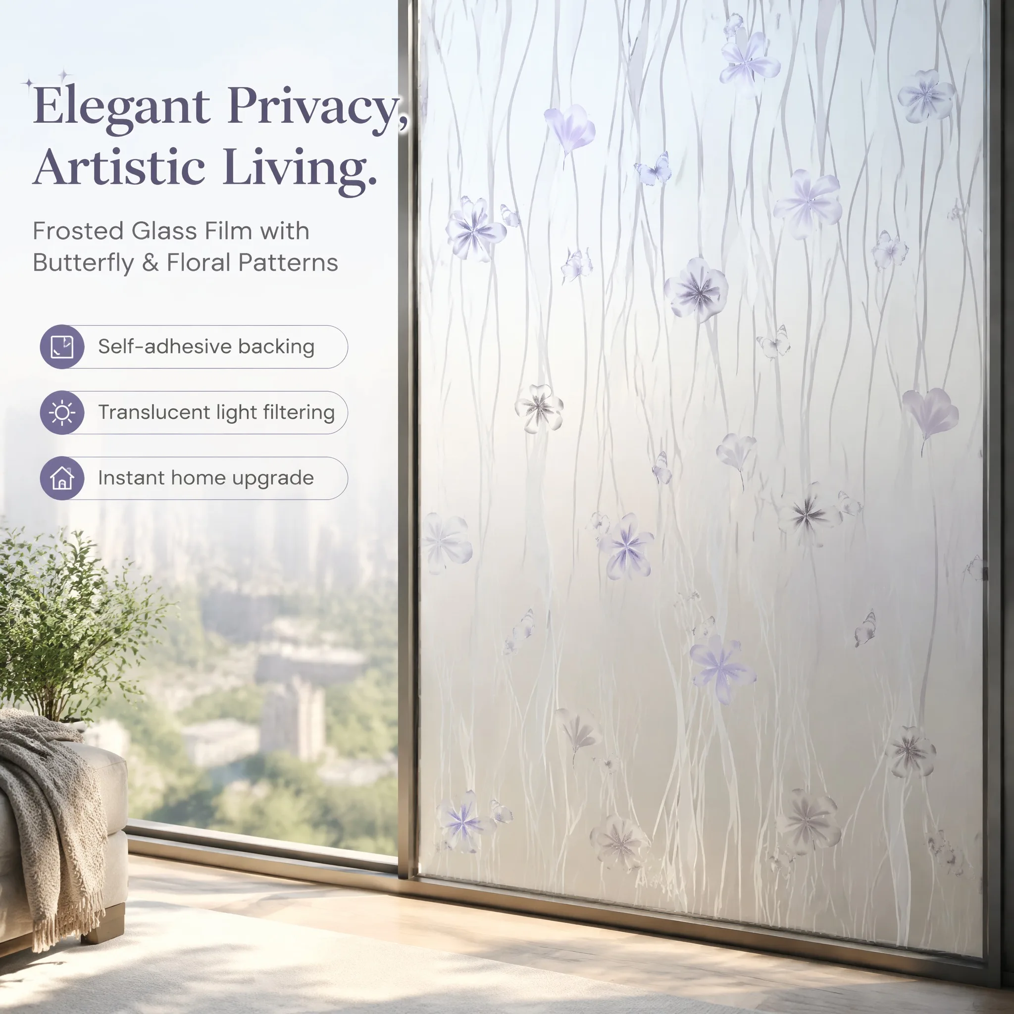 Designer Soft Lavender Floral Butterfly Privacy Window Film Built-in Adhesive Easy DIY Cuttable Reusable Matte Frosted Glass