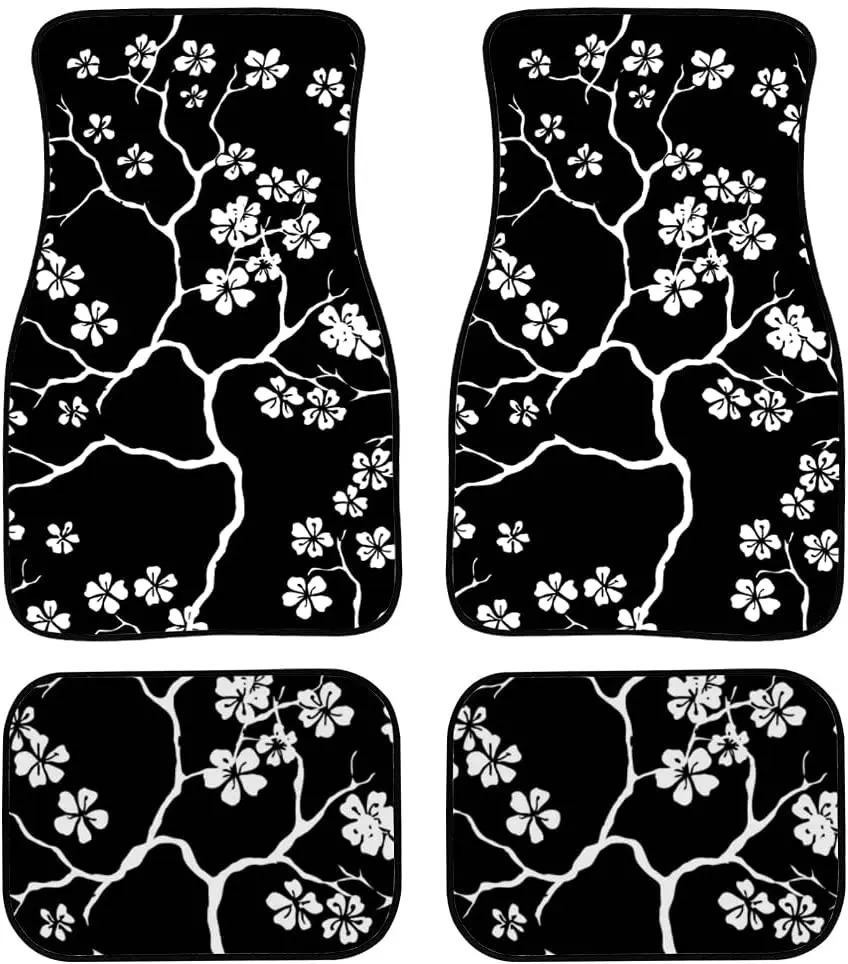 Car Floor Mats Cherry Blossoms Branches Pattern On Black Print Design Carpet Car SUV Truck Floor Mats 4 Pcs,Floor Mats