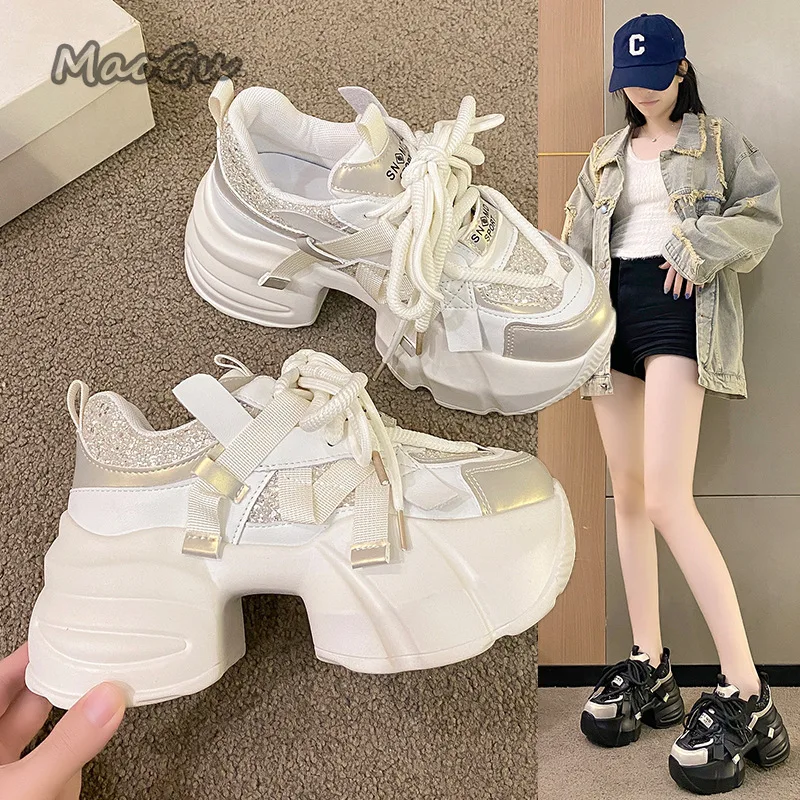 

Black Chunky Platform Sneakers Glitter Patchwork Thick Sole Casual Shoes Design Fashion Footwear Comfortable Non-Slip Size 34-39