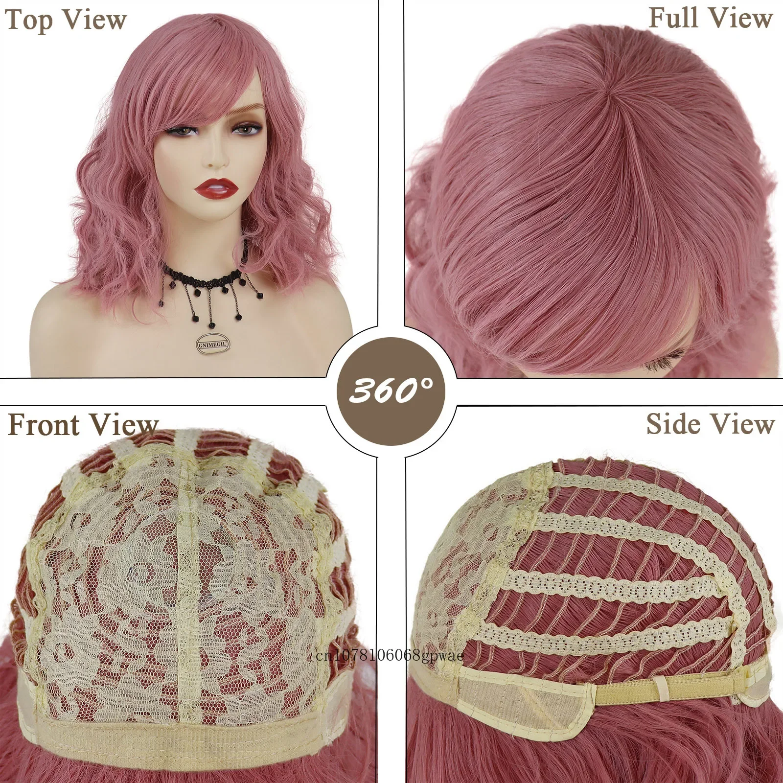 Synthetic Short Wave Wig for Women Girls Natural Pink Wigs with Bangs Cosplay Costume Halloween Party High Temperature Fiber