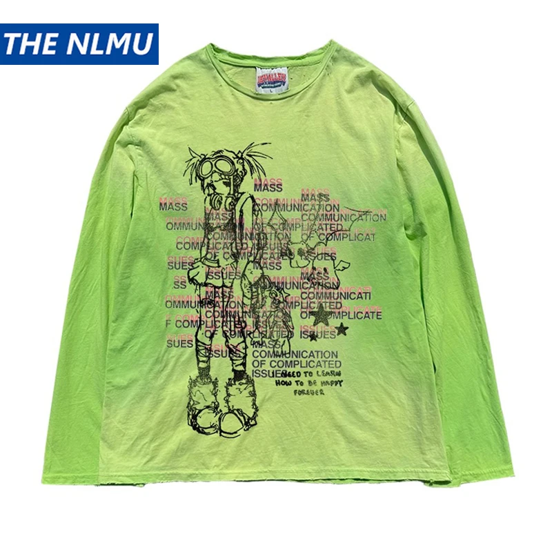 Vintage Long Sleeve T Shirts 2025 New Cartoon Graphic Dirty Washed T-shirts Loose Casual Tee Tops Unisex Retro Tshirts Y2K