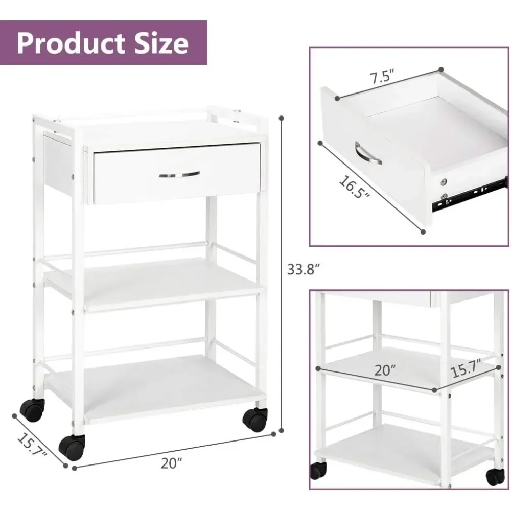 Wooden Rolling Storage Station, White Mobile Utility Cabinet with 1 Drawer 2 Trays, Medical Esthetic Supply Holder