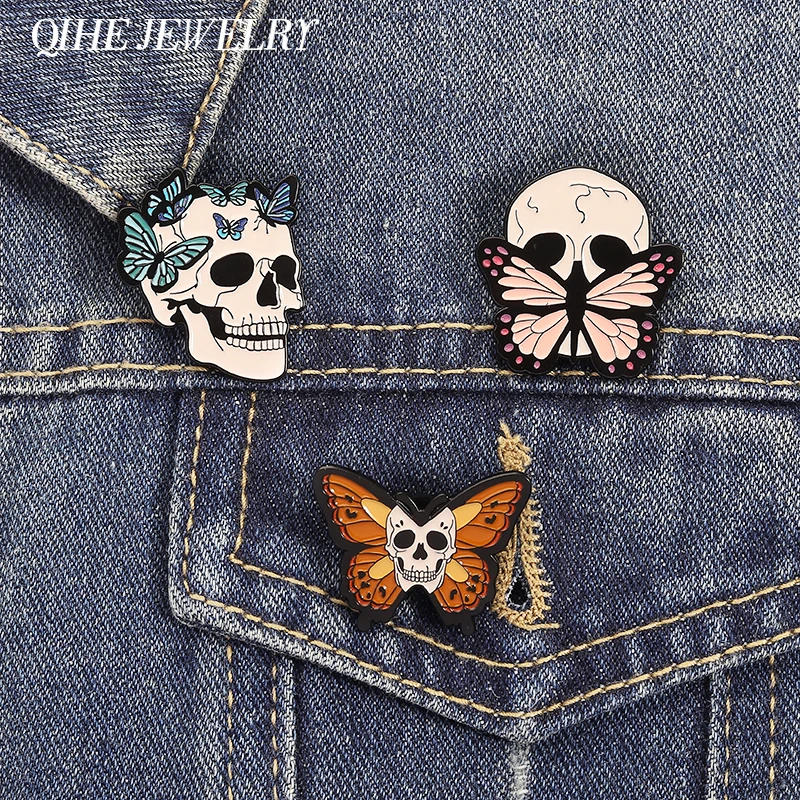 Punk Gothic Schmetterling Skelett Brosche Emaille Pins Schädel Schmetterling Metall Broschen Revers Abzeichen Halloween Schmuck Geschenk für Freunde
