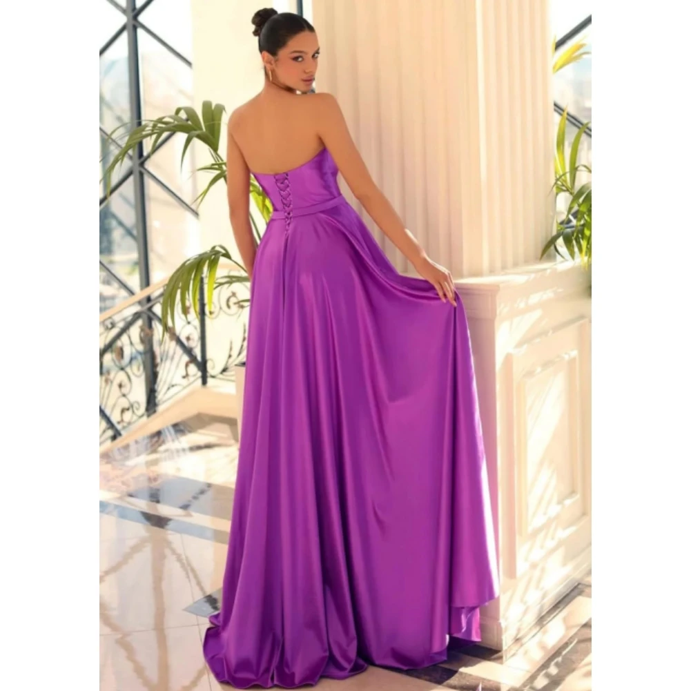 여성을위한 Strapless 공식 댄스 파티 드레스 결혼식을위한 긴 Pleated 새틴 신부 들러리 드레스 a 라인 사이드 슬릿 파티 이브닝 ​​가운