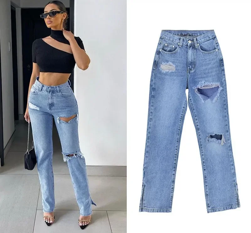 

Women Hole Jeans Vintage Distressed Straight Pants Streetwear High Waist Pockets Button Zipper Fly Denims Cuffs Trousers 2024