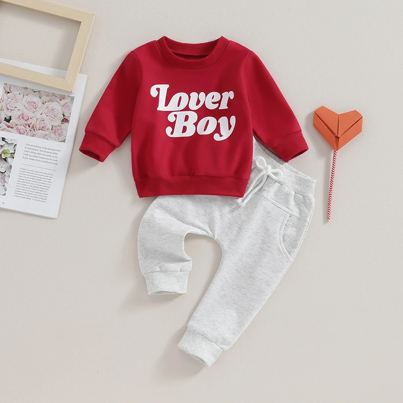 

2023-11-01 Lioraitiin 3-24M Baby Boy Valentine's Day Outfits Lover Boy Crewneck Long Sleeve Sweatshirt Elastic Pants Clothes Set