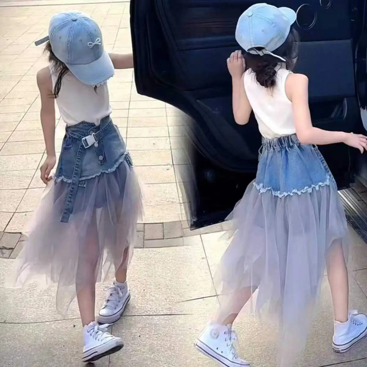 Children Tutu Skirts Girl Mesh Patchwork Denim Skirts Autumn Summer New High Waist Fashion Dress Kids Design Skirts Teenage 1342