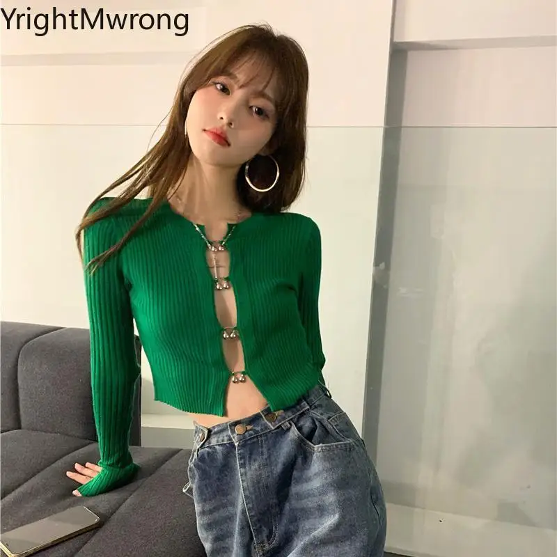 Metal Ring Button Up Knit Elegant Hollow Sexy T-Shirt Women Long Sleeve Green Knitted T Shirt y2k Fall Crop Top Aesthetic Korean