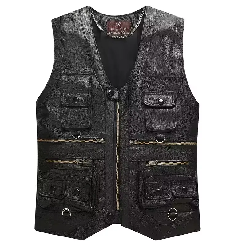 2023 New gentlement leather vest male slim commercial male leather vest sheepskin leather men vest waistcoat with many pockets