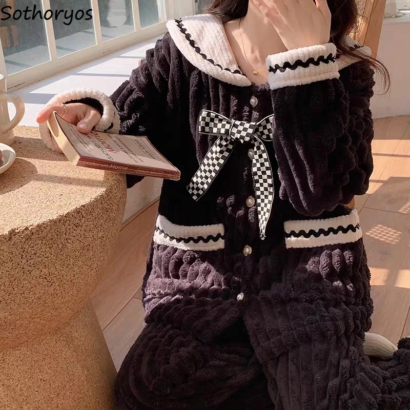 Pajama Sets Women Plaid Bow Princess Winter Sleepwear Lovely Thicken Casual Tender Korean Style All-match Girlish Mujer Classic