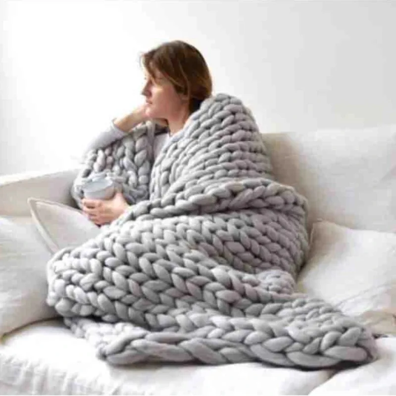 Fashion Chunky Merino Wool Blanket Thick Big Yarn Roving Knitted Blanket Winter warm Throw sofa bed blanket