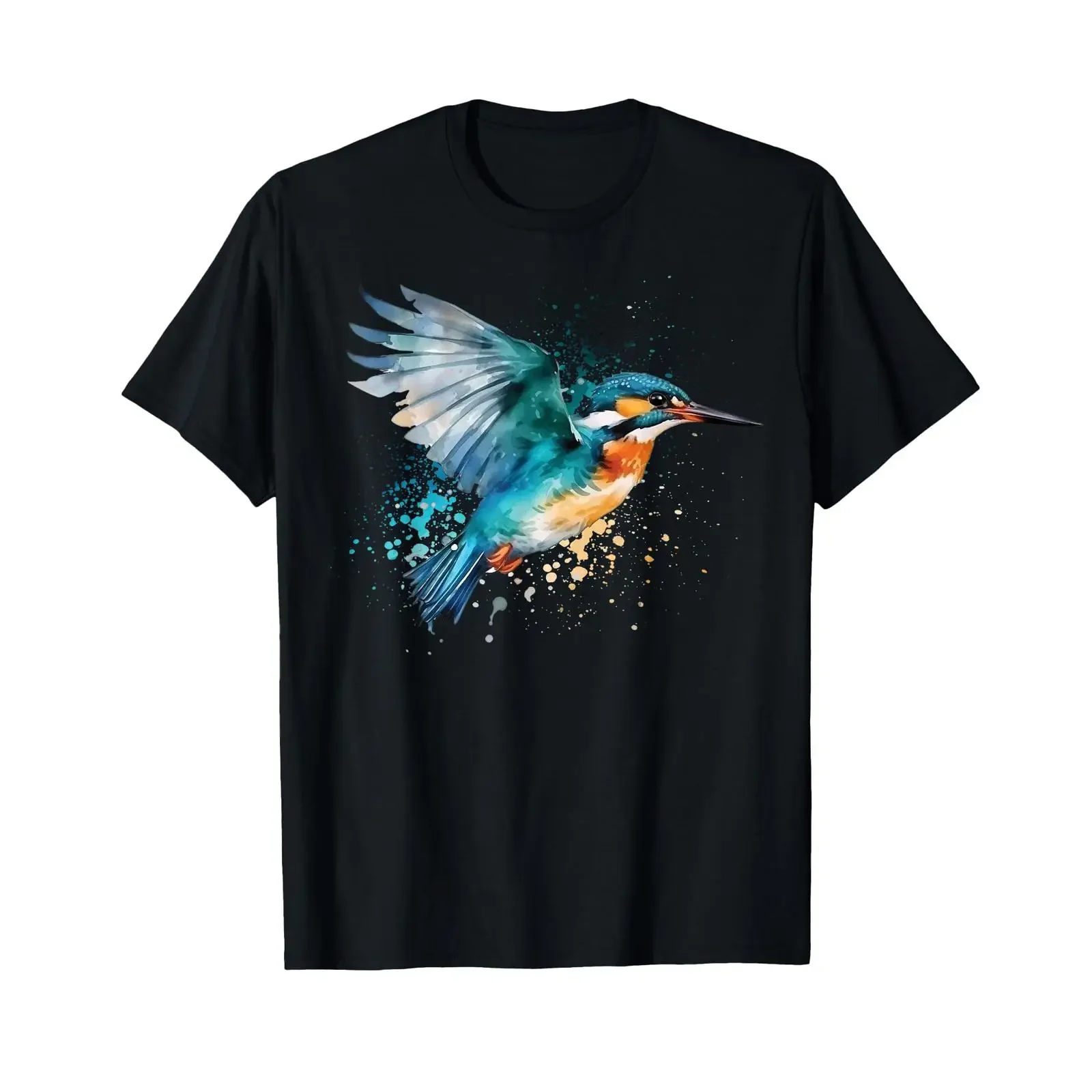 Watercolor Kingfisher Bird Art T Shirt Adult Kids Black Crew Neck Casual Wildlife Lover  vintage Washed designer clothes Unisex