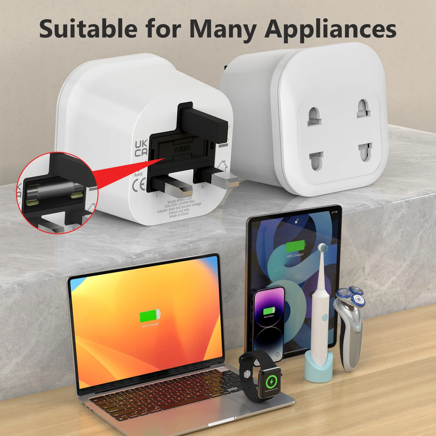 UK 2 Pin to 3 Pin Travel Adapter 10A Fuse Plug Adapter Electric Shaver Toothbrush Charger for Epilator Bathroom 2 Pack