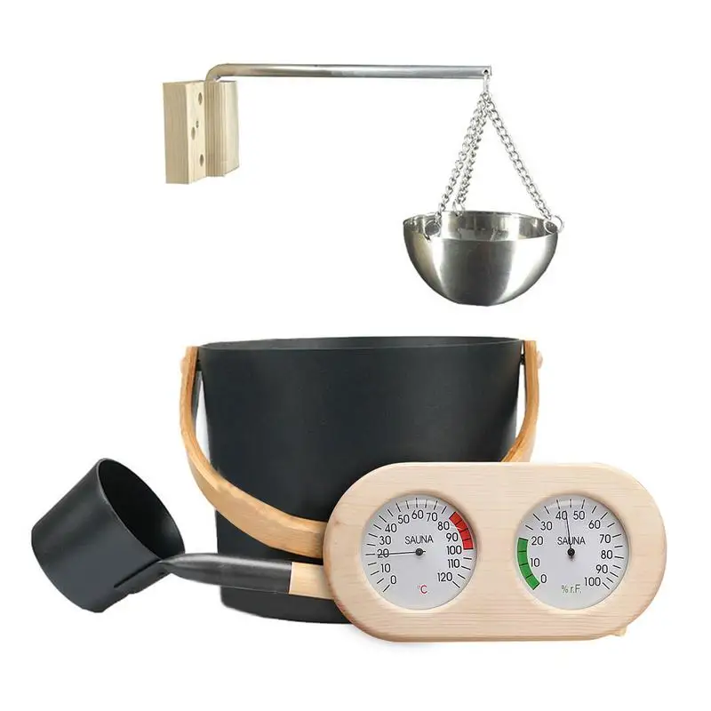 7L Luxurious Finnish Sauna Aluminum Bucket Set With Long Handle Spoon Hourglass Thermometer Hygrometer Sauna Accessories