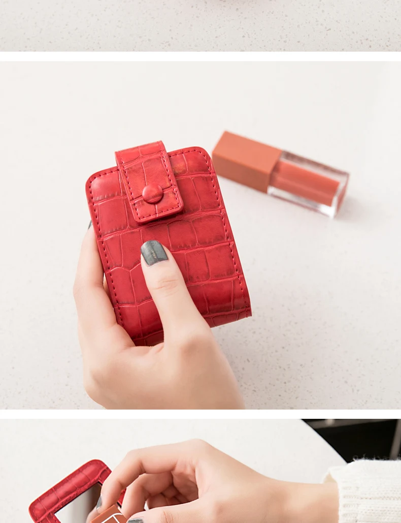 Tragbare Mini-Lippenstift-Tasche mit Spiegel, minimalistische kleine Kosmetiktasche mit Knopf, Damen-Make-up-Aufbewahrungskoffer mit Krokodilprägung – Detail 8