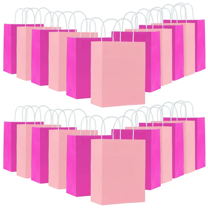 12pcs Kraft Paper Bag with Handle Solid Color Pink Rose Red Party Gift Bags Birthday Gifts Packaging Beverages Storage TMZ