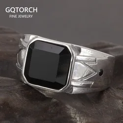 Solid 925 Sterling Silver Vintage Punk Simple Boys Ring with Natural Black Onyx Square Stone Carving Pattern Silver Jewelry