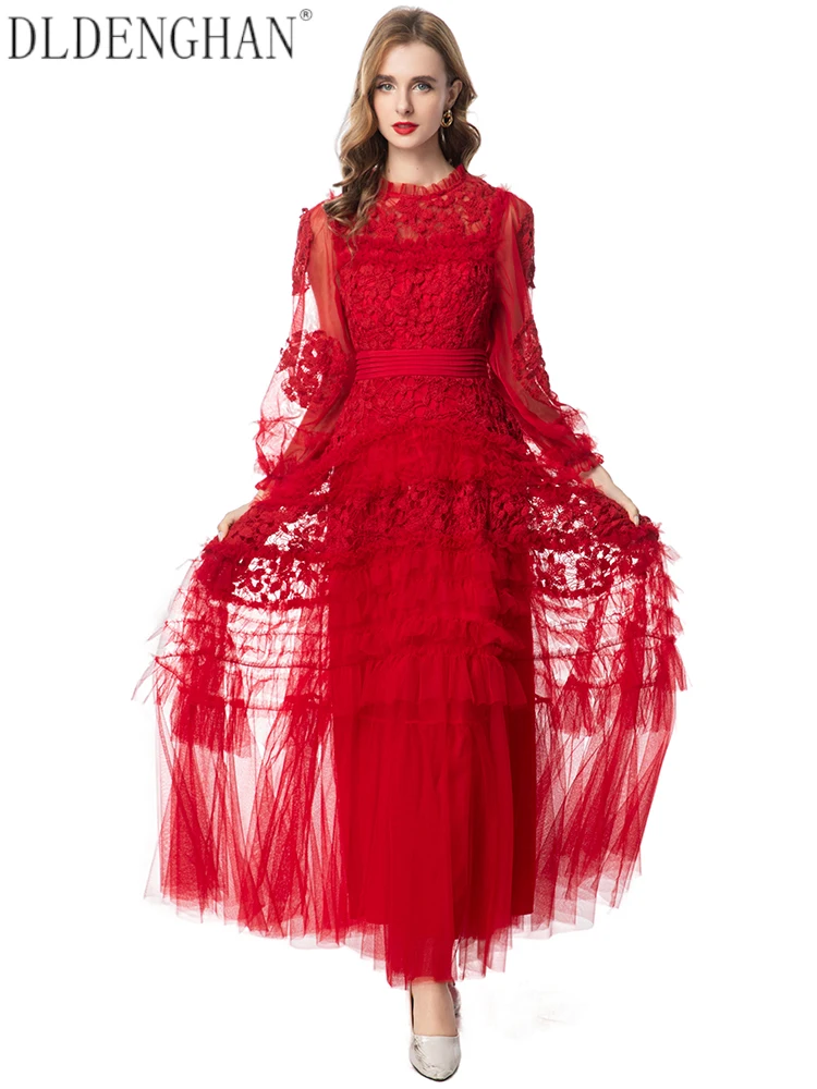 Dldenghan discoid flores malha maxi vestido para mulher o pescoço lanterna manga babados elegante vestido de baile vestidos primavera moda fema
