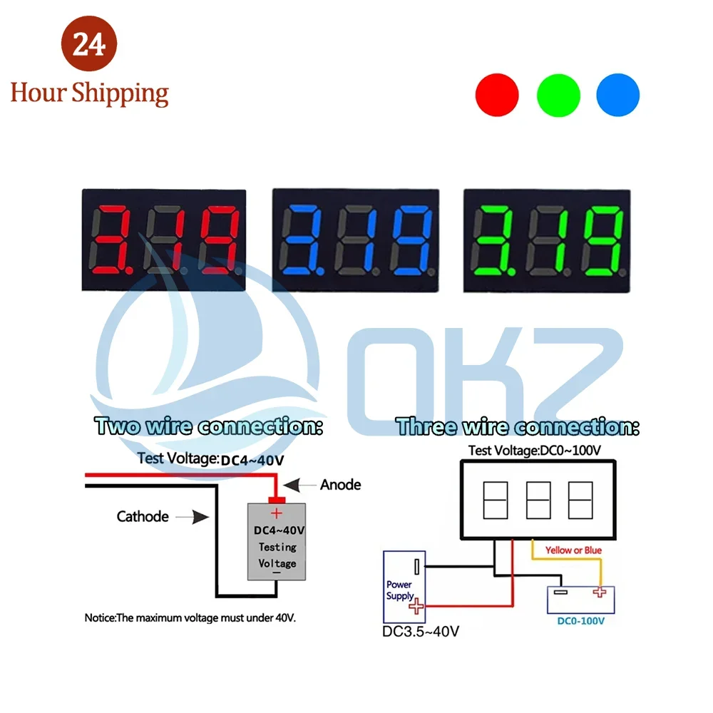 0.36 Red Blue Digital LED Mini Display Module DC2.5V-32V DC0-100V Voltmeter Voltage Tester Panel Meter Gauge for Motorcycle Car