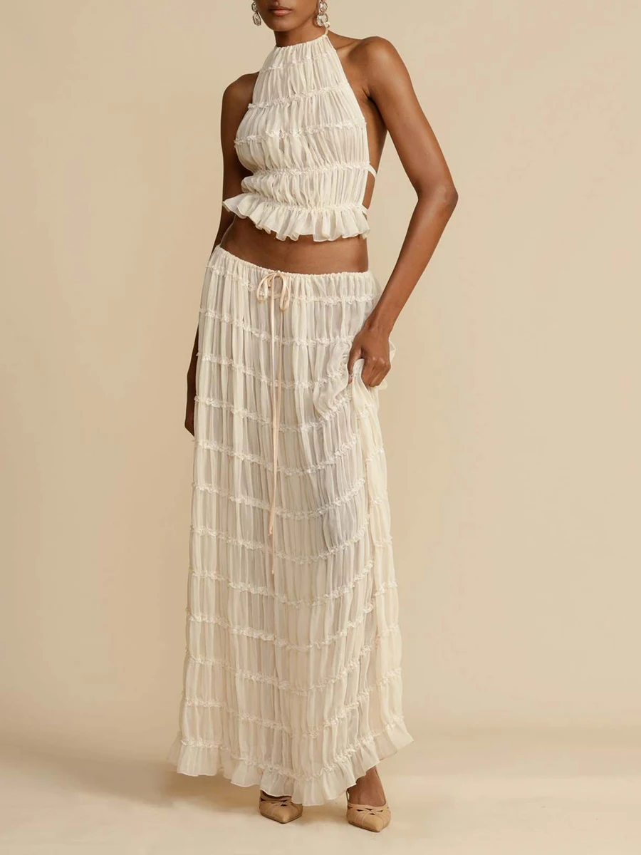 Sexy Backless Crop Top+High Waist Skirt 2 Piece Sets Summer Women See Through Ruffles Skirts Suit Beach Party Holiday Club Sets