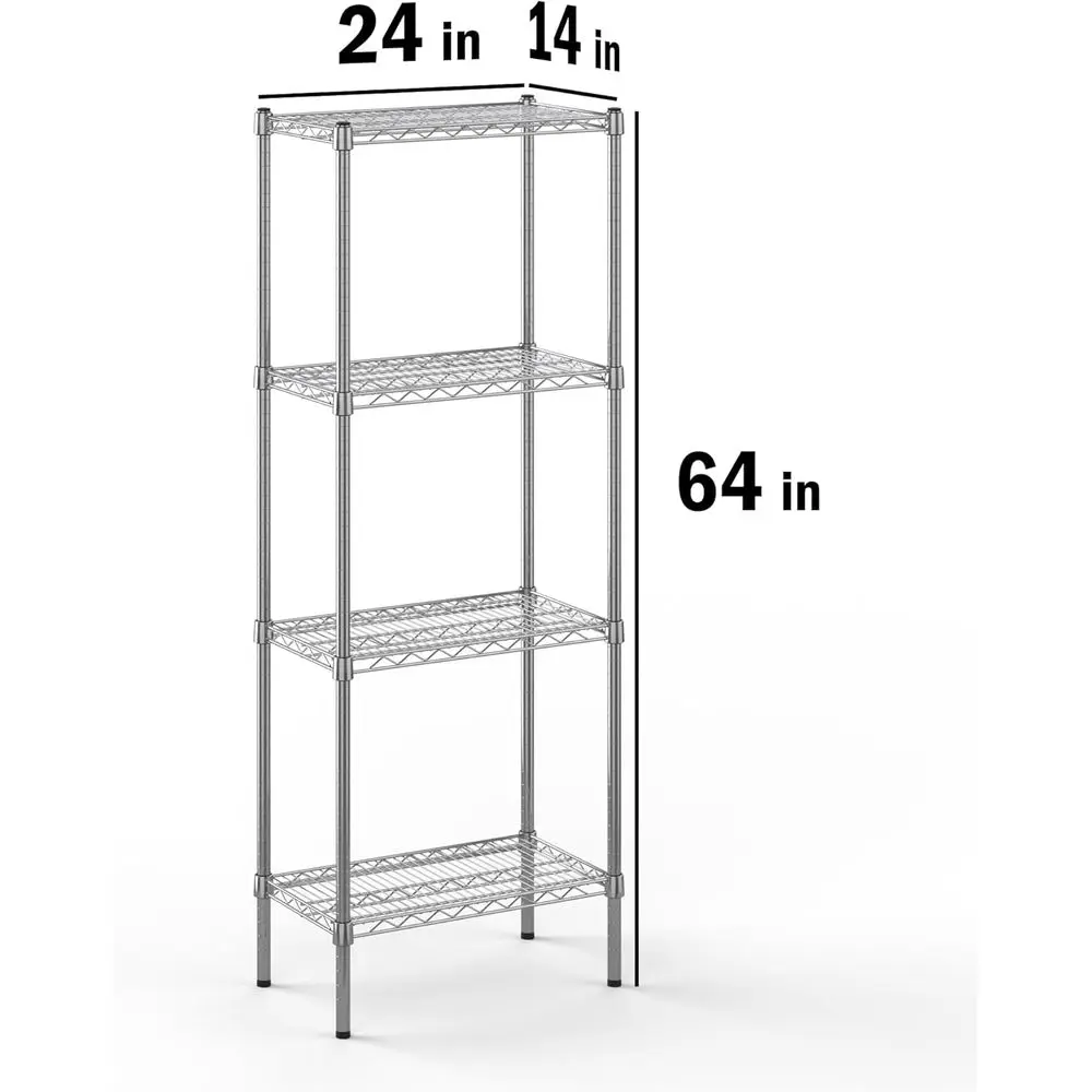 4-Tier 14 Deep Chrome Wire Shelving Kit, 24 Wide, 64 High Storage Rack Unit