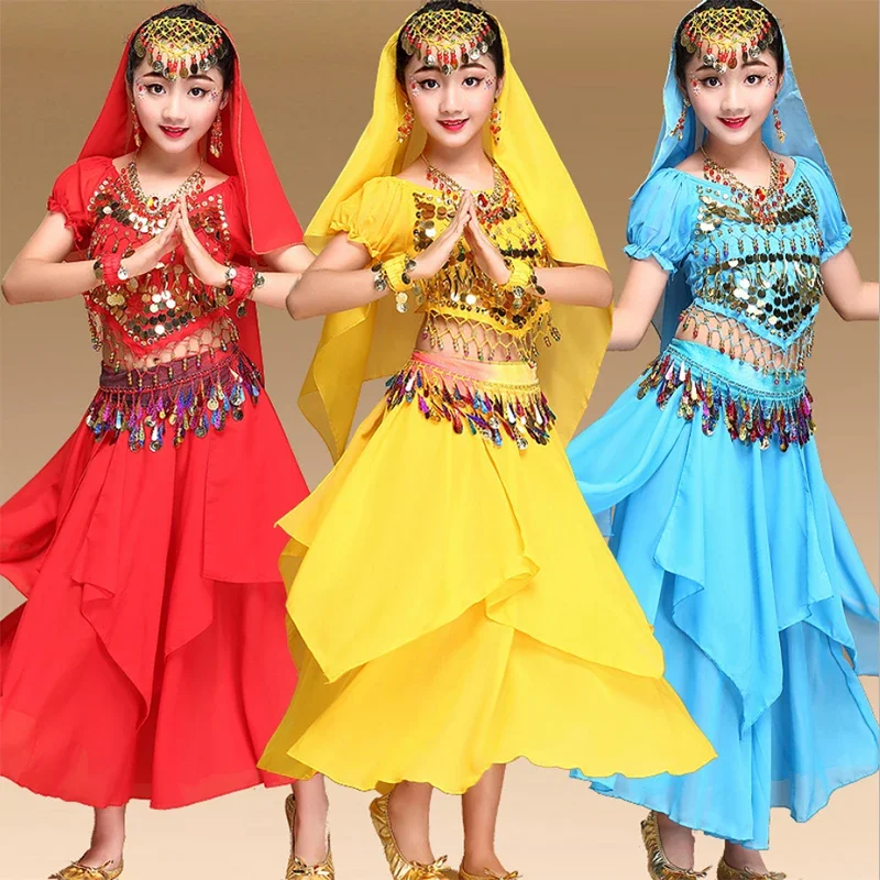 New 4Set Kids Children Belly Dance Costumes Girls Indian Belly Dancing Bollywood Stage Performance Dancewear Clothing