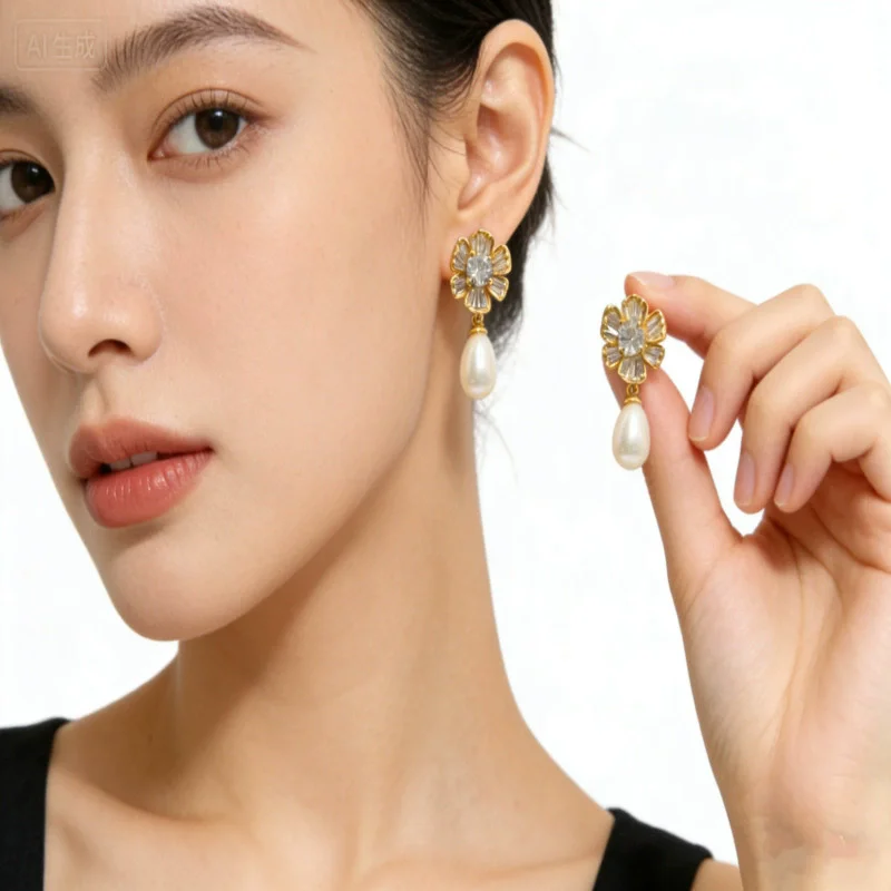 

S925 sterling silver women's earrings gold-plated zircon pearl flowers European and American fashion jewelry party accessories