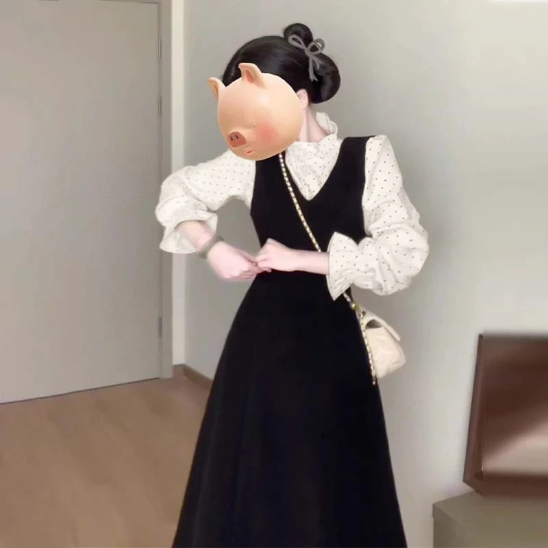 

Платье Hebe Style с эффектом двухслойности, корейское, с завышенной талией, А-силуэт, с длинным рукавом, осеннее, новинка, женское модное деловое платье