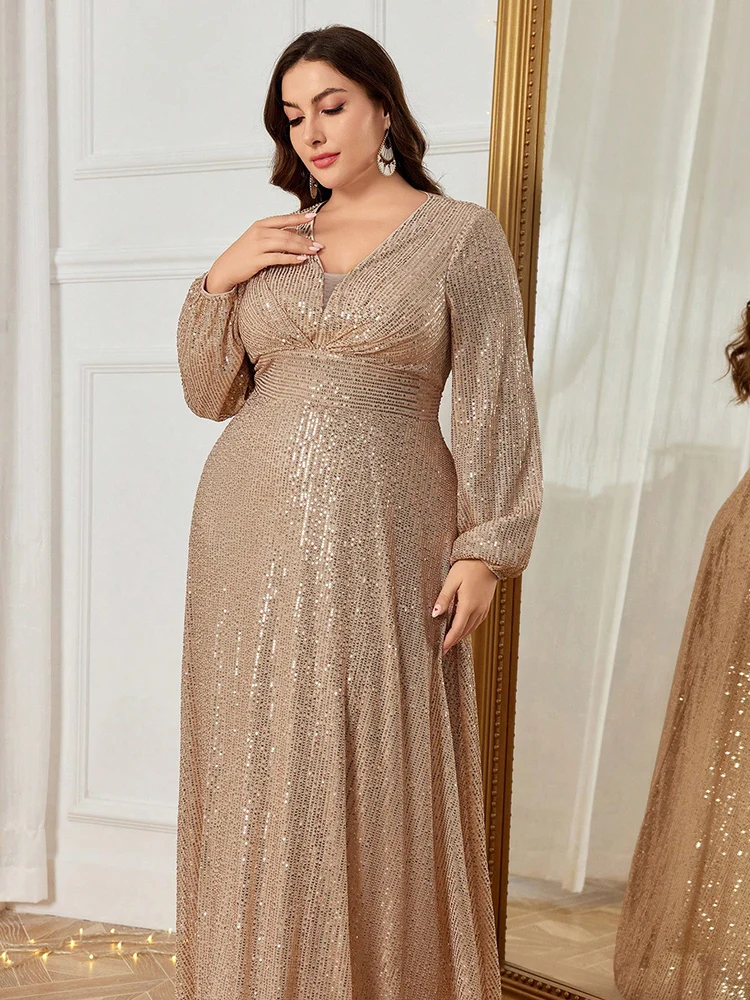 TOLEEN 2024 delle nuove donne di lusso elegante formale lungo maxi abiti plus size scollo a V manica lanterna paillettes partito abito da ballo da sera