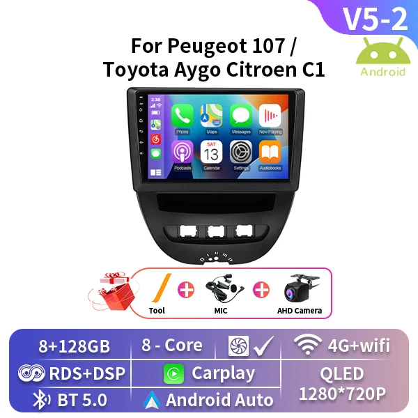 For Peugeot 107 For Toyota Aygo Citroen C1 2005-2014 Android Car Multimedia Video Player Navigation GPS 4G Carplay 2 Din Stereo