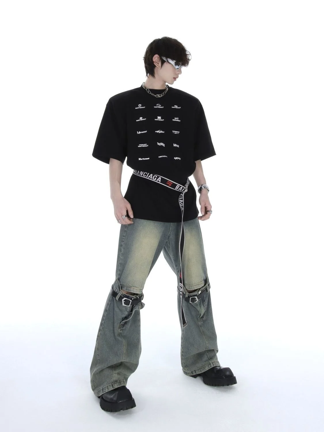 Hole Jeans Men And Women's Wide Leg Pants High Street Inset Stitching Design Casual And Versatile Denim Trousers