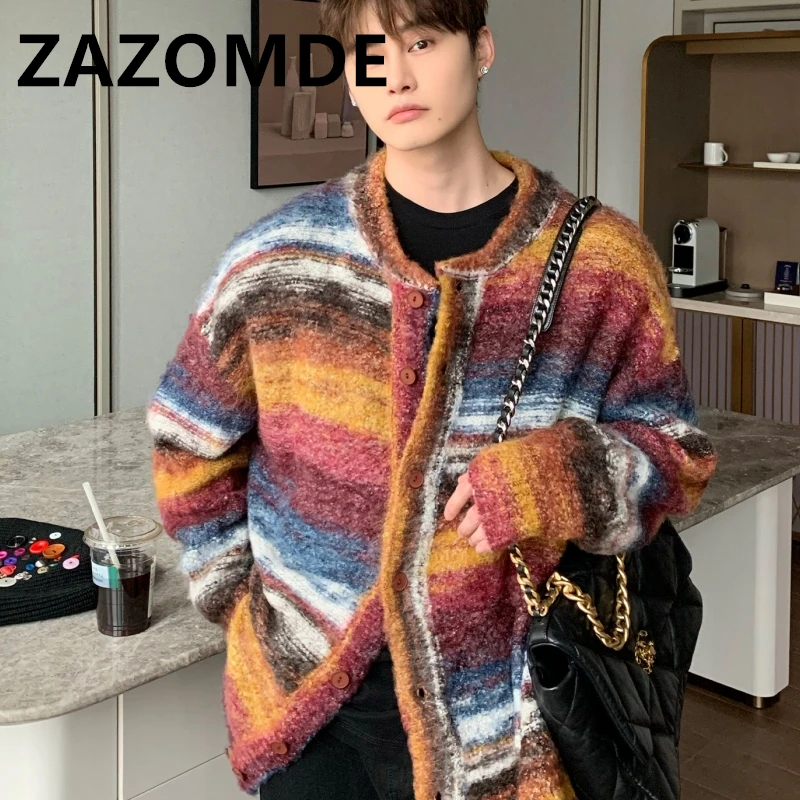 ZAZOMDE Winter Stripe Contrast Color Sweaters Men Autumn Loose Couple Cardigan Sweater Knit Fashion Brand Jumper Casual Clothes