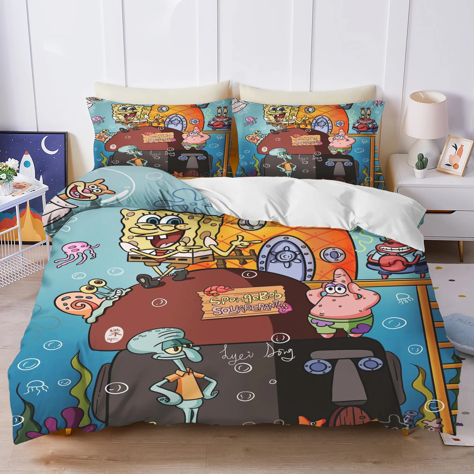 Christmas SpongeBob Patrick Bedding Set Dark Background Duvet Cover 3D Cartoon Quilt Cover Kids Bed Decor No Filler view 3