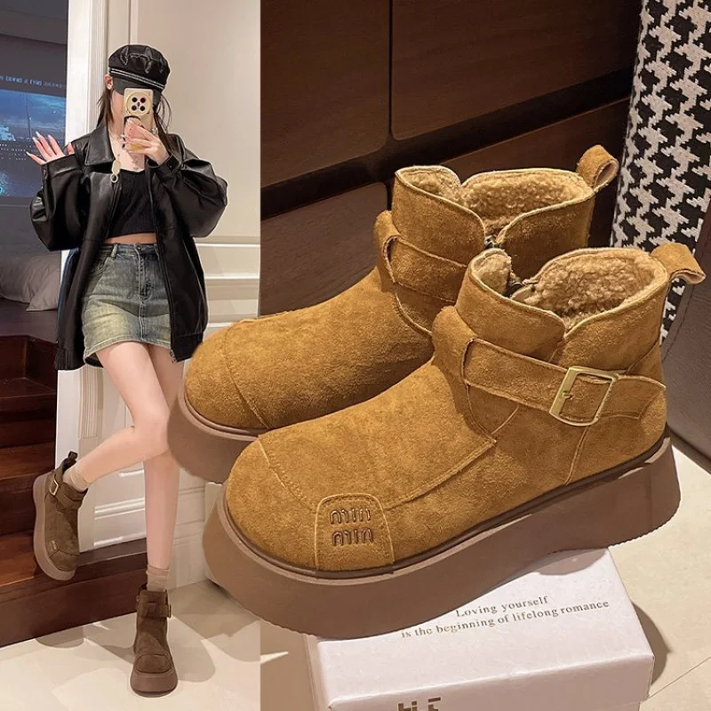 

2025 New Fur Platform Women Ankle Boots Flats Suede Warm Shoes Woman Trend Designer Brand Short Plush Cozy Femme Snow Botas