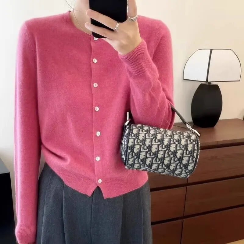 Primavera e outono novo 100% lã pura cardigan feminino em torno do pescoço elegante e elegante camisola de malha jaqueta de caxemira