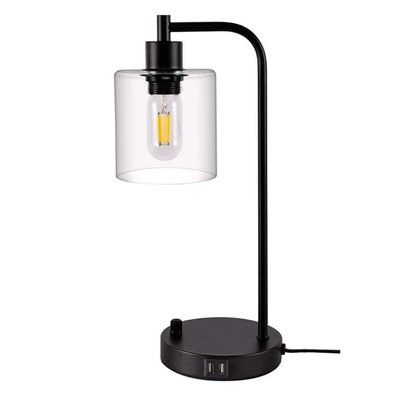 Industrial Table Lamp, Fully Dimmable Lamp with Dual USB Port, Glass Shade Table Lamps with 6W 2700K Dimmable Bulb