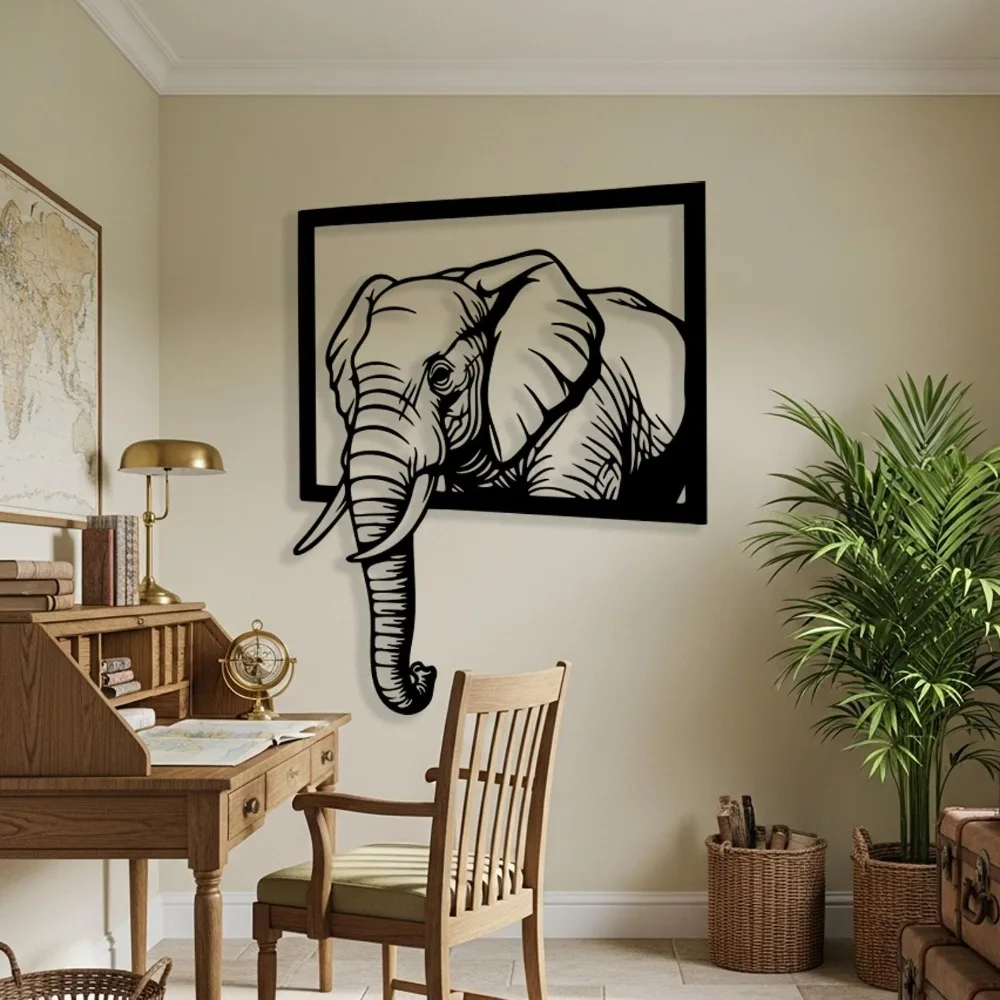 Flat Elephant Head Metal Wall Art, Laser‑Cut Iron Silhouette, Powder‑Coated Rust‑Resistant Safari Wildlife Wall Decor
