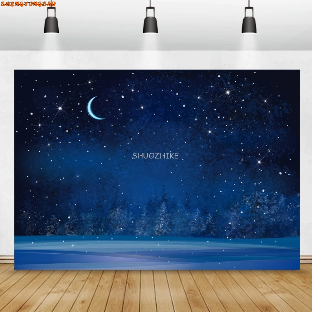 

Photo Backdrop Dark Blue Sky Moon Glitter Star Tree Forest Winter Snow Night Scene Photography Background Photocall Photo Studio