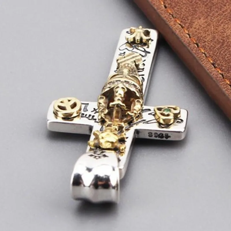 BOCAI NEW S925 Sterling Silver Vintage Punk Skull Cross Pendant Gift for Men and Women