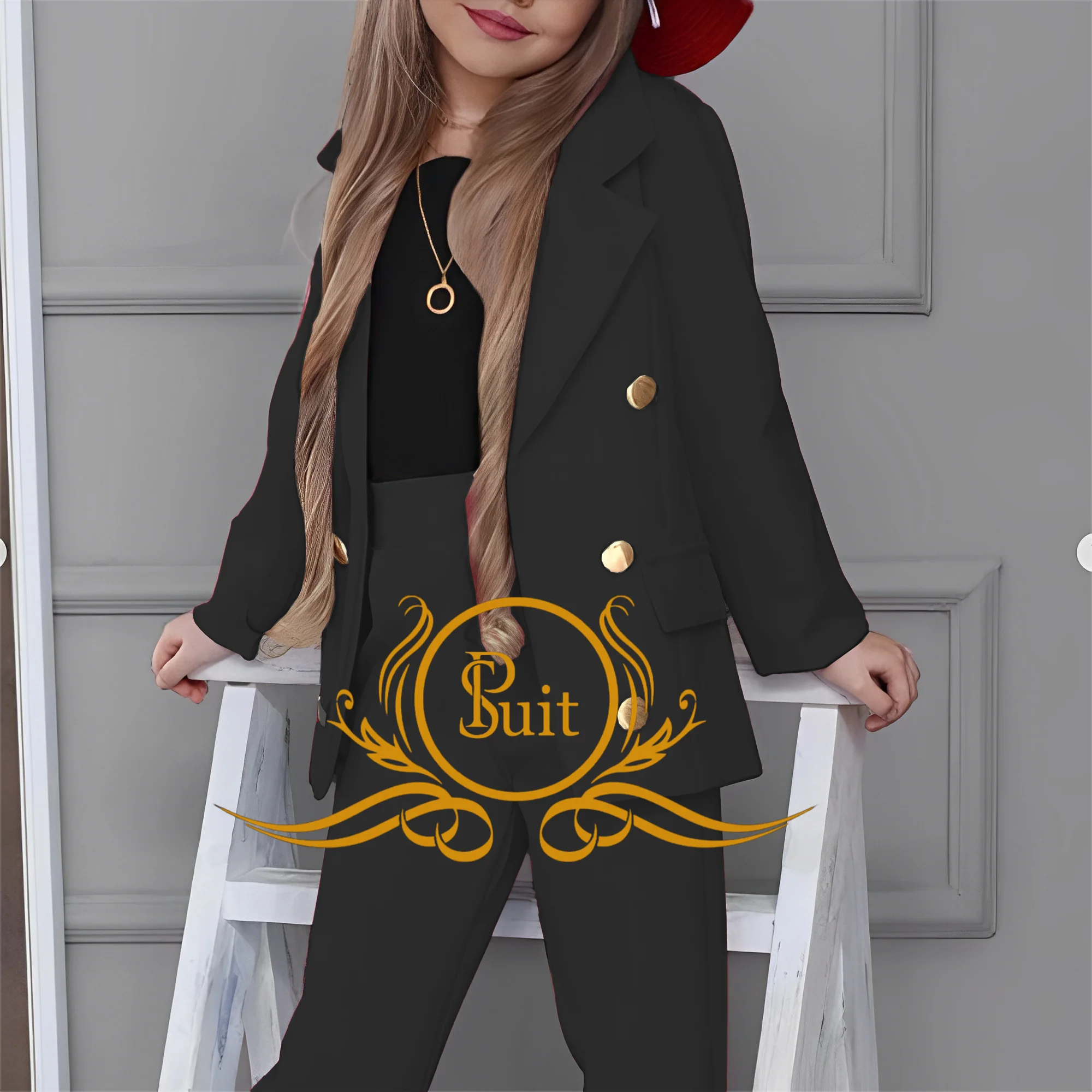 Girl Blazers Double Breasted Lapel Suits Fashion Kids Jacket+Pants Set Loose Formal Teenage Casual Outfit