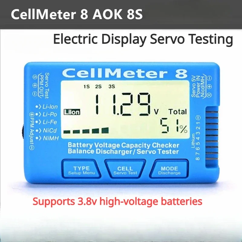 CellMeter 8 AOK 8S Backlight LCD Digital Battery Capacity Checker CellMeter RC 2-8S 4-8S Servo LiPo Li-lon NiMH Battery Tester