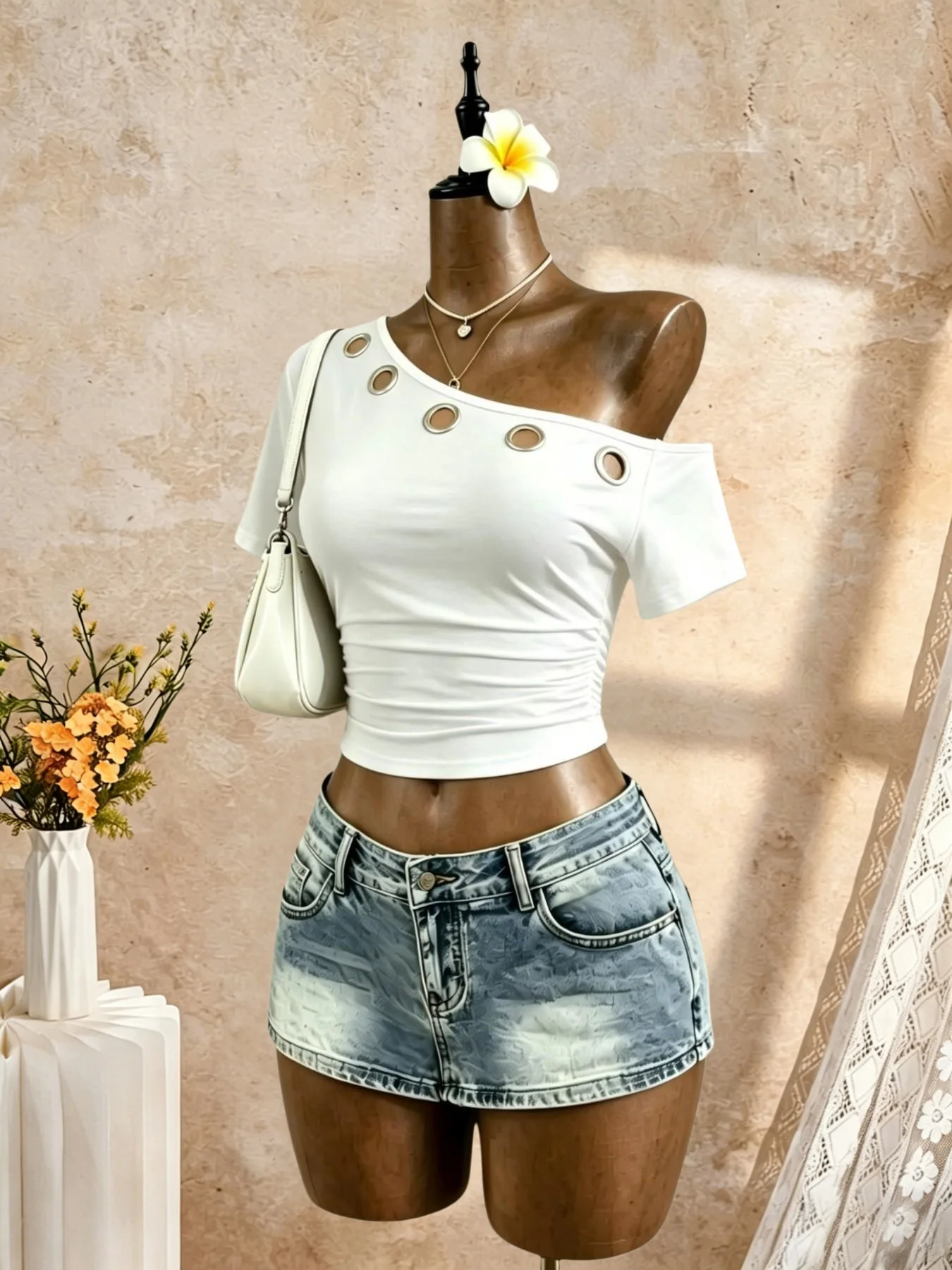 Damen One-Shoulder-Top mit Ösen, Metallring-Ausschnitt, kurzen Ärmeln, gerafftem Seitenbund, schmaler Passform, Y2K, lässig, für den Alltag, Streetwear, T-Shirts, Tops – Detail 2