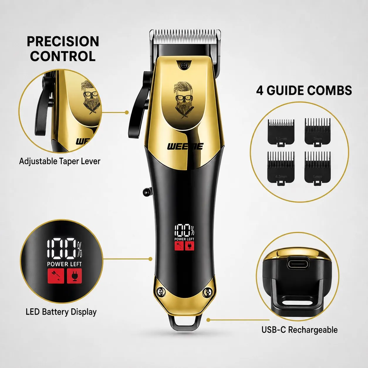 Professional Cordless Hair Clipper for Men, Rechargeable Type-C Barber Trimmer with LED Display, Adjustable Taper Lever and 4 Gu
