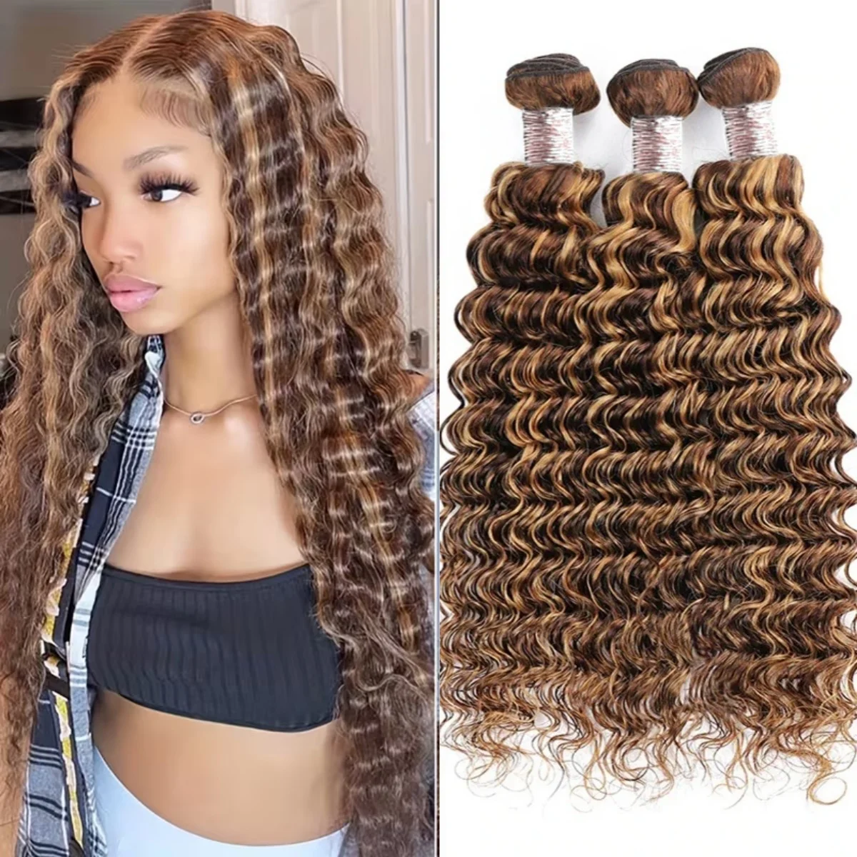 

Наращивание волос Deep Wave, 100% бразильские натуральные волосы, с мелированием 4/27, 1/3/4 пряди, цвет медово-русый, коричневый