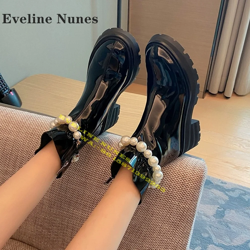 Pearl Chain Winding Black Ankle Boots Patent Leather Pleated Patchwork Elegant British Style Snow Winter Shoes 2024 New Style