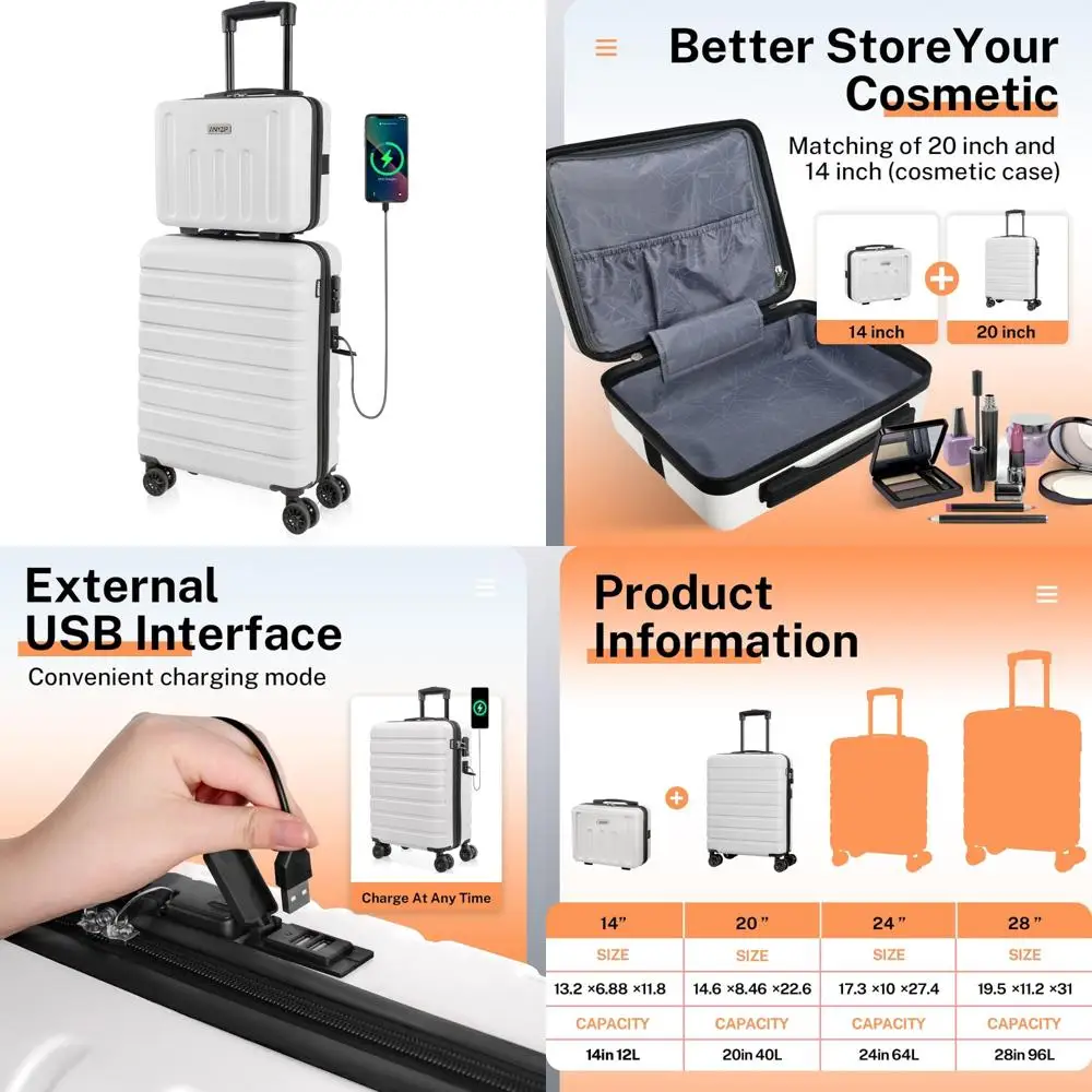 Juego de equipaje ligero de ABS para PC con puerto USB, 20 maletas de mano y 14 mini estuches de cosméticos, equipo de viaje con ruedas