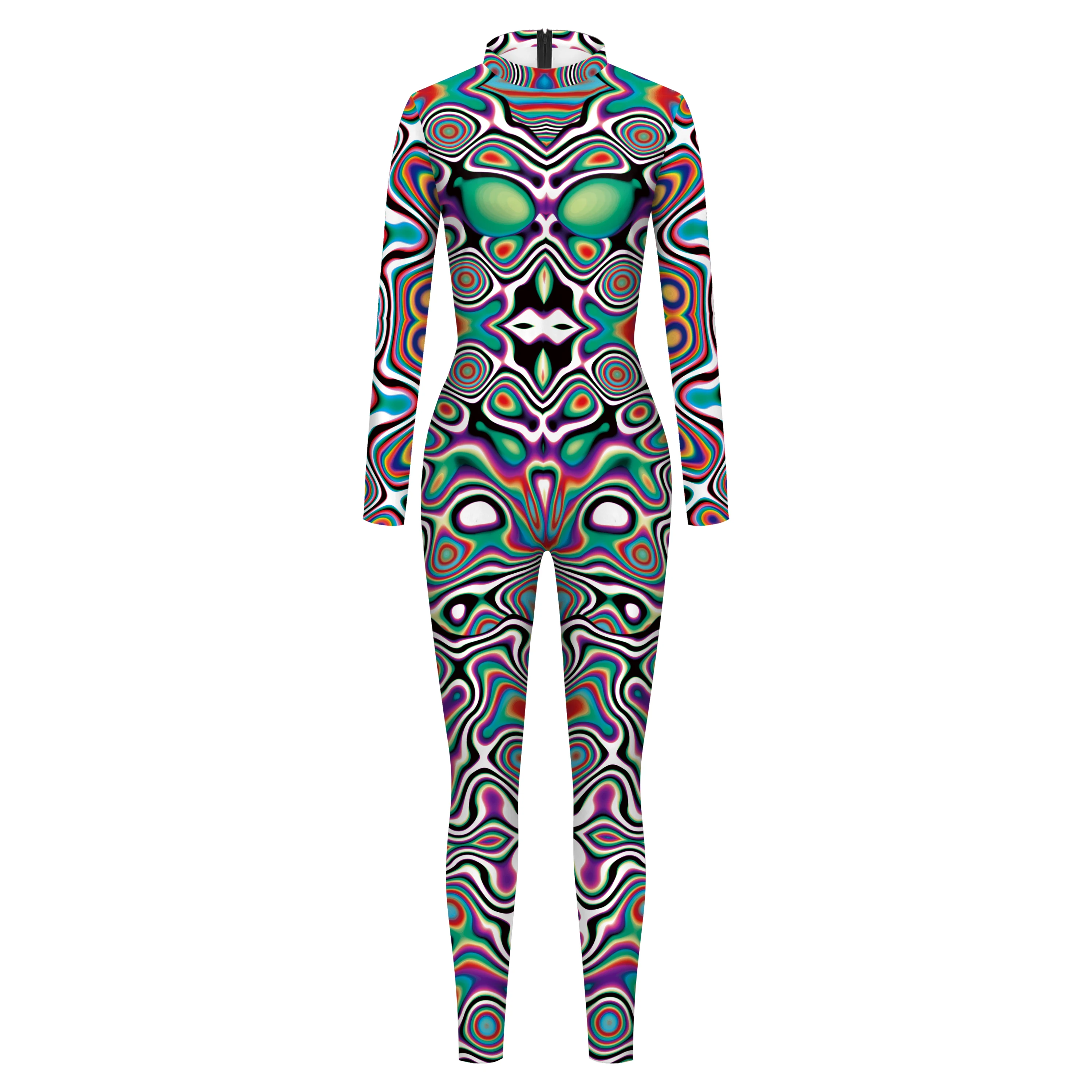 Zaw aland Frauen Langarm Zentai Bodysuit abstrakte Geometrie 3D-Druck Party Phantasie sexy Overalls Cosplay Kostüme Leistung