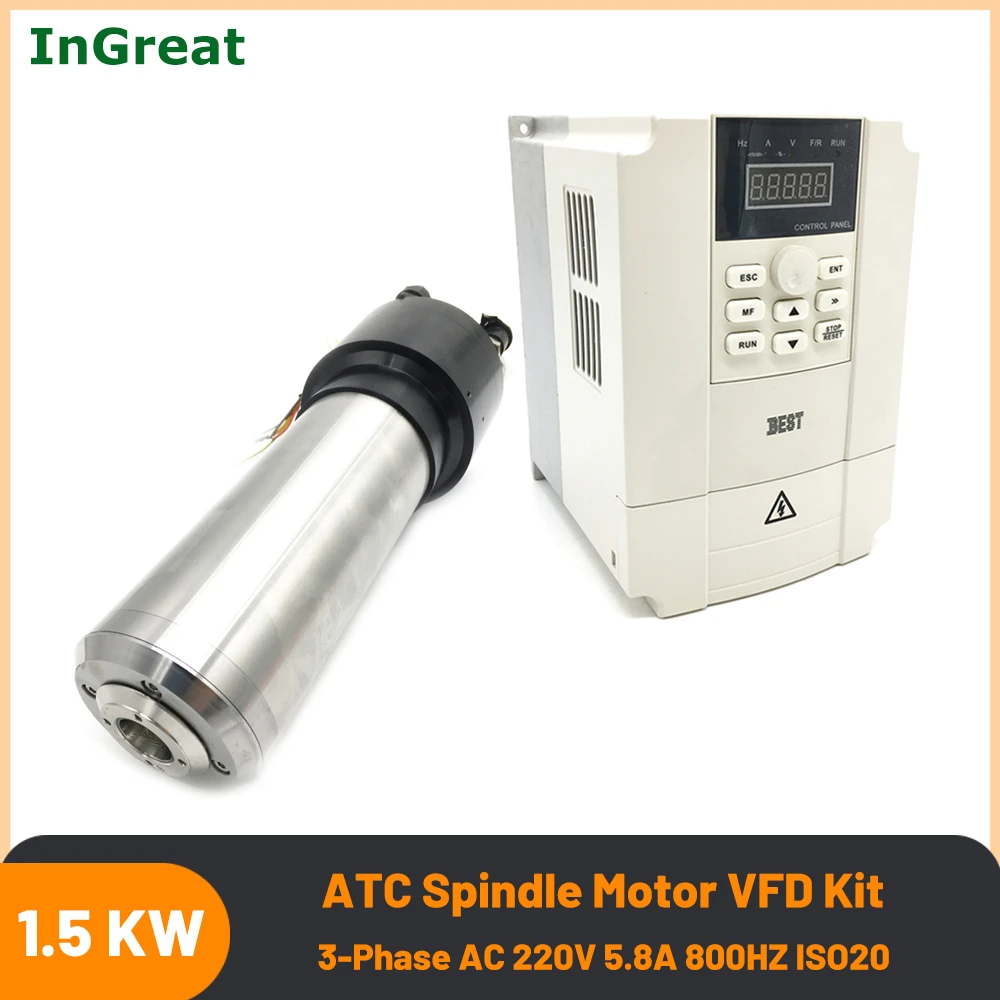 1.5KW ATC Spindle Motor Water Cooling Spindle 2HP ISO20 24000RPM AC 220V 800HZ Automatic Tool Change NPN PNP & Inverter VFD Kit