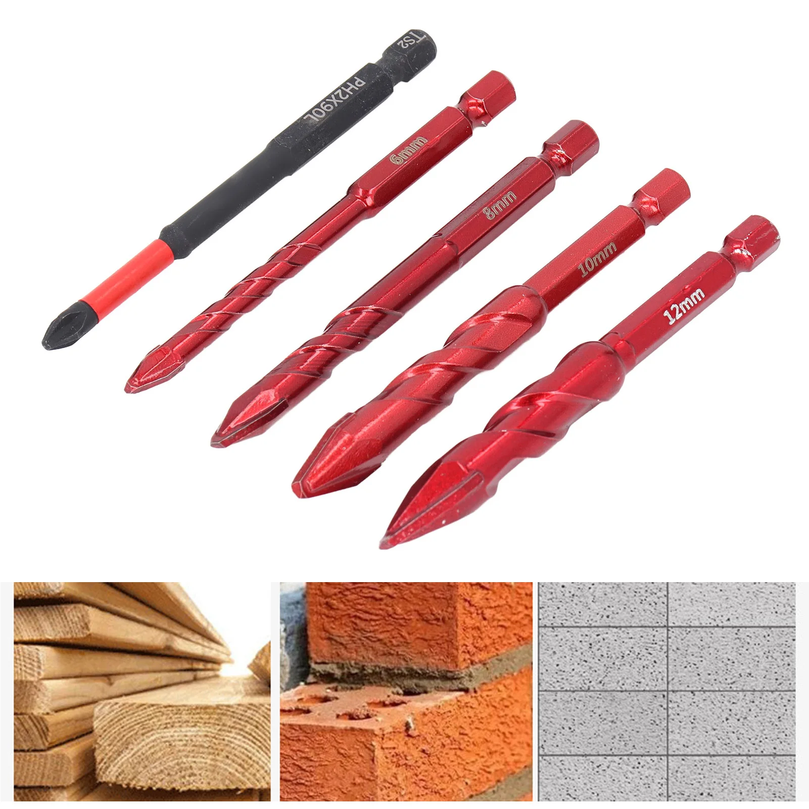 Juego de 5 uds de brocas excéntricas 6, 8, 10, 12mm, vástago hexagonal de 1/4 pulgadas, cabeza oblicua, brocas helicoidales excéntricas con broca PH2