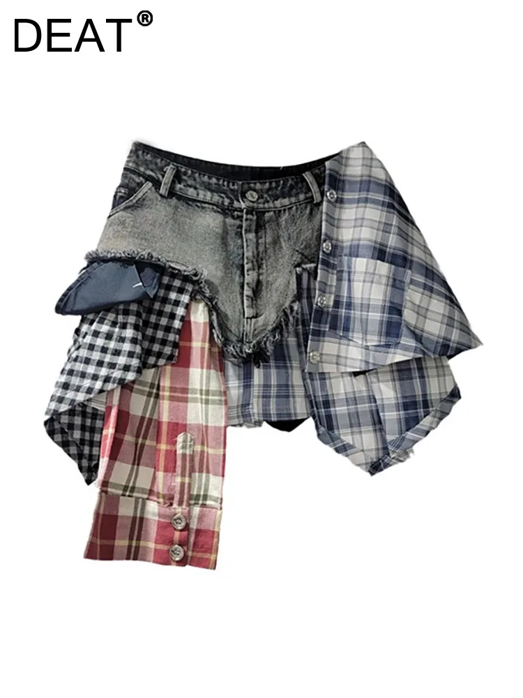 

DEAT Women' Denim Skirt Asymmetric Irregular Patchwork Plaid Contrast Color Burrs A-line Short Skirt 2024 Summer Fashion 29L7797